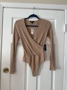 Express Ribbed Wrap Bodysuit in Tan